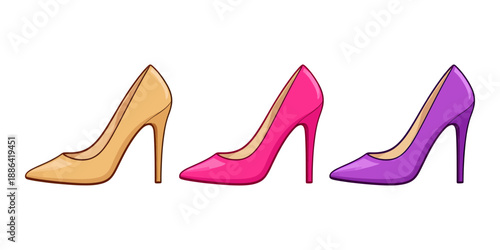 Cartoon line art pumps set featuring beige, pink, and purple high heel shoes for fashion and style concepts