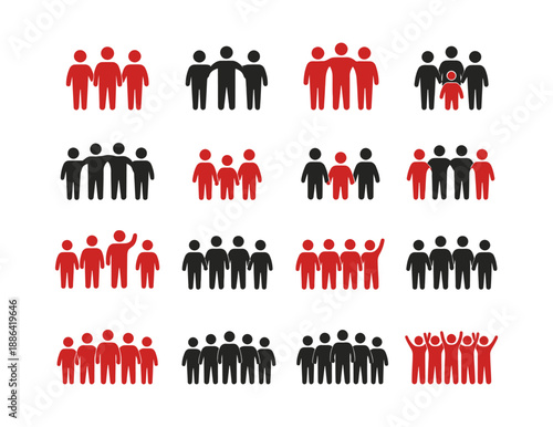 Graphic people group icon set featuring diverse groupings of adults and children for social media, community, and teamwork