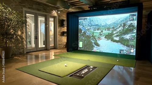 Indoor Golf Simulator Setup with Surrounding Decor and Advanced Screen Display