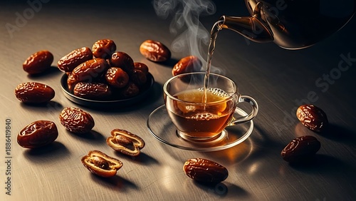 Wallpaper Mural Hot Tea Pouring into Cup with Dates on Table. Torontodigital.ca