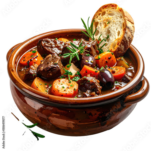 Savory french cassoulet, a slow-cooked masterpiece of beans, meat, and herbs, neatly presented and isolated on a white background