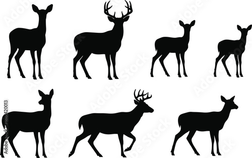 Black Deer Silhouette Collection Featuring Majestic Buck Antlers and Elegant Doe Figures for Nature Wildlife Design Vector Art and Hunting Graphics