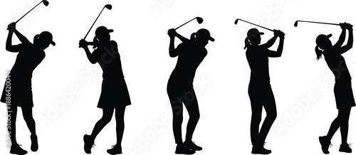 Black Female Golfer Silhouette Collection Featuring Women Golfers in Various Swing Poses with Clubs for Professional Sports Training and Active Lifestyle Vector Art