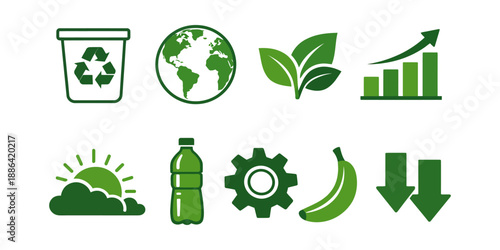 Graphic ecology icon set featuring recycling, earth, leaves, and growth for environmental sustainability