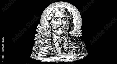 Vintage illustration of a creative male artist with a beard and long hair, holding a paintbrush and palette, illuminated by a full moon.
