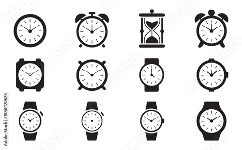 Wristwatch and wall clock icons collection for timekeeping and jewelry accessories isolated on white backdrop