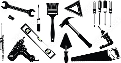 Hand tools illustration set, wrench screwdriver hammer saw drill trowel ruler brush, construction clipart, black line vector drawing