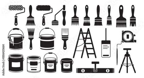 Painting tools set with brushes rollers buckets and ladder icons for house renovation and construction works