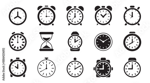 Set of black alarm clock icons and timer symbols for time management concept isolated on white background flat