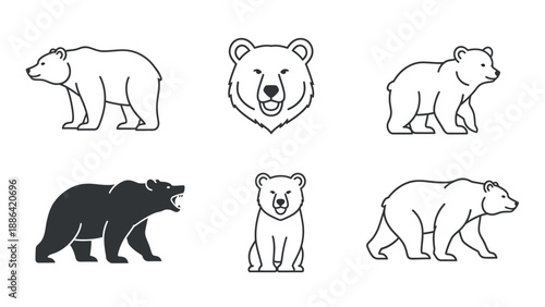 Set of Bear Illustrations in Various Poses and Styles.