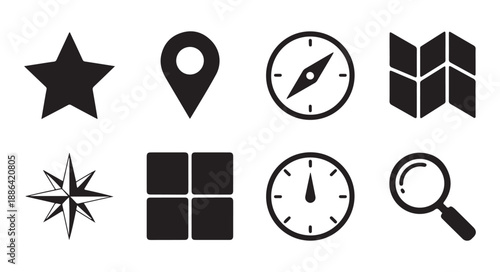 Collection of navigation and travel icons including a compass, location pin, and folded map