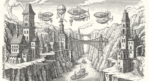 Detailed Steampunk Fantasy Cityscape Illustration: Hand-drawn panorama with airships, bridge, and intricate buildings over a deep canyon.