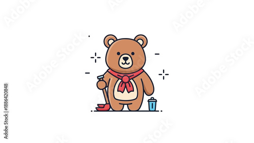 Cute cartoon teddy bear cleaning with a mop and bucket.