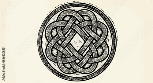 Vintage woodcut illustration of an intricate Celtic knot design in a circular frame, traditional ornamental pattern