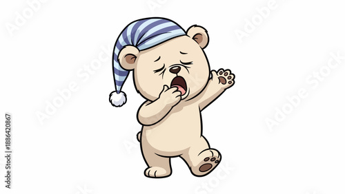 Tired cartoon bear wearing a striped nightcap yawning widely.