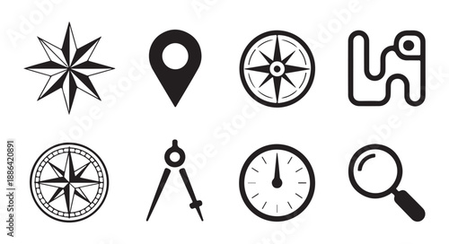 Set of navigation and travel icons compass map location pin and compass rose on white background