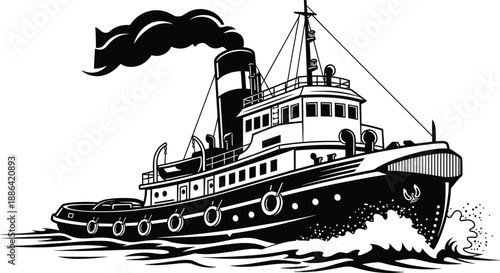 Tugboat vector illustration, black and white maritime design with smokestack, waves, and classic nautical detailing