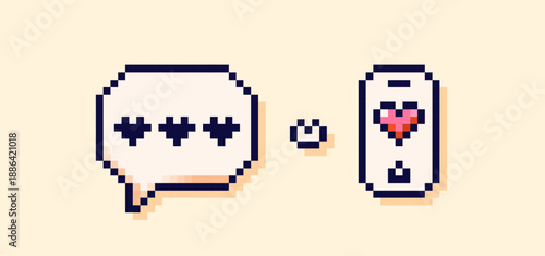 Pixel art white speech bubble and mobile phone with hearts.