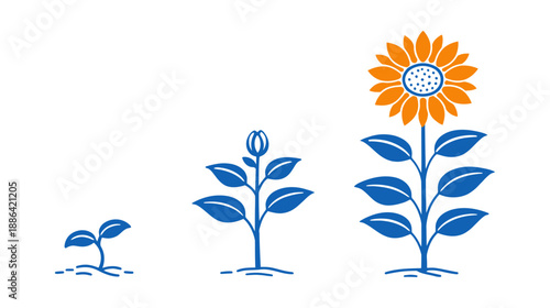 Graphic line art sunflower growth stages set featuring a sprout, a budding plant, and a fully bloomed flower for nature, progress, and development concepts