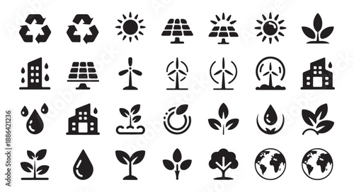 Sustainability icons collection with solar power wind energy recycling signs and diverse leaf plant silhouettes