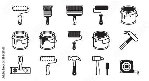 Collection of various painting and construction tools, including paint cans, brushes, rollers, and levels