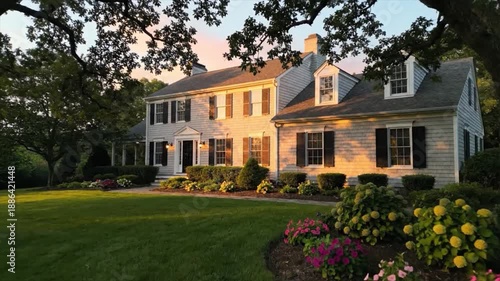 Elegant family residence adorned with vibrant flower beds and a meticulously manicured lawn, basking in the serene warmth of a golden hour twilight, exuding classic charm and peaceful domesticity