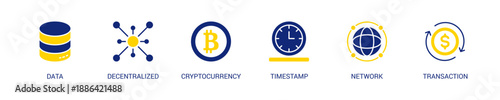 Block Chain Solid Blue Yellow Color Icon Set For Web Banner. Vector Illustration Concept With Some Icons. Designed In Solid Blue Yellow Color Style