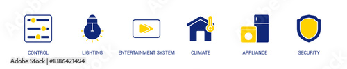 Smart Home Solid Blue Yellow Color Icon Set For Web Banner. Vector Illustration Concept With Some Icons. Designed In Solid Blue Yellow Color Style