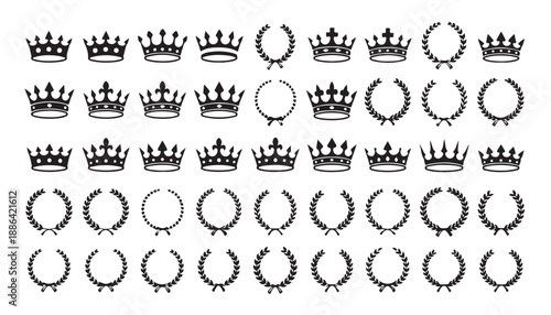 Collection of royal crowns laurels shields and wings emblems for decoration and design elements