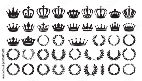 Crown and laurel wreath vector icon collection set for victory achievement awards and royal heraldry symbols