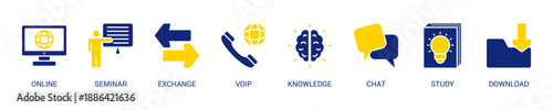 E-Learning Solid Blue Yellow Color Icon Set For Web Banner. Vector Illustration Concept With Some Icons. Designed In Solid Blue Yellow Color Style