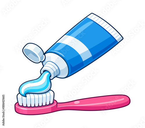 Cartoon illustration of toothpaste and toothbrush depicting toothpaste being applied to a toothbrush for dental care