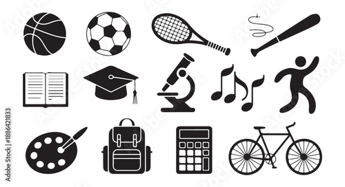 Black and white icons representing sports education science music and active lifestyle activities