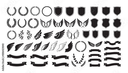 Variety of emblems including laurels shields wings and banners for design and celebratory graphics