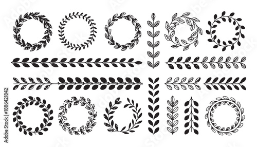 Rustic hand drawn floral wreaths and leaf borders collection for wedding invitations and botanical branding