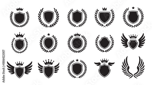 Set of heraldic emblems and shields with crowns laurel wreaths and wings vector collection