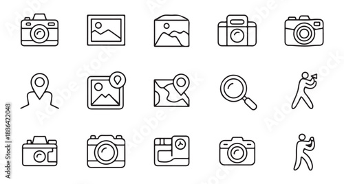 Photography and travel linear icon set featuring cameras landscapes location pins and magnifying glass elements