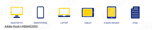 Responsive Web Design Solid Blue Yellow Color Icon Set For Web Banner. Vector Illustration Concept With Some Icons. Designed In Solid Blue Yellow Color Style