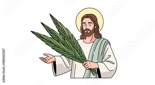 Jesus Christ holding palm leaves illustration.