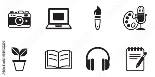 Modern lifestyle and creativity black icons showing laptop camera headphones book plant and recording equipment