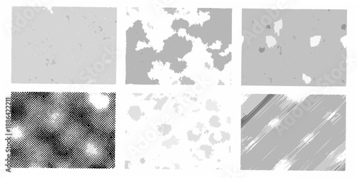A collection of six abstract grayscale textures and patterns displayed in a grid