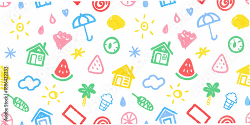 Colorful pattern featuring summer themed doodles like fruits umbrellas and houses