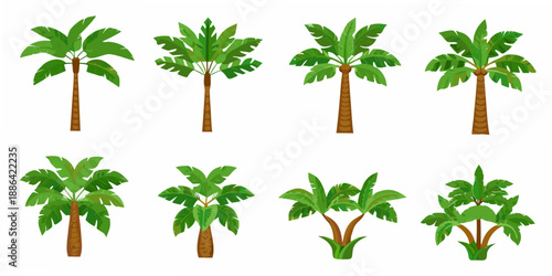 A collection of vibrant cartoon palm trees in various shapes and sizes