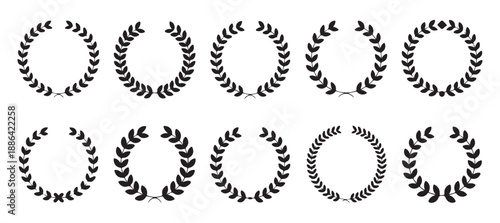 Laurel wreath collection: set of ten isolated black laurel wreaths on white background in two rows