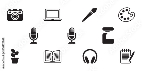 Minimalist black silhouette icon collection for digital media arts literature and plant cultivation activities