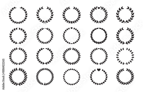 Laurel wreath collection: set of twenty black isolated laurel wreaths on white background in four rows