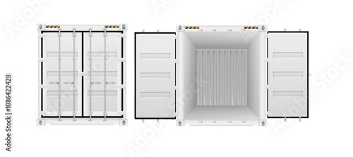 Shipping cargo containers with open, closed doors realistic set. Steel freight boxes for storage, transportation. Vector ship container.