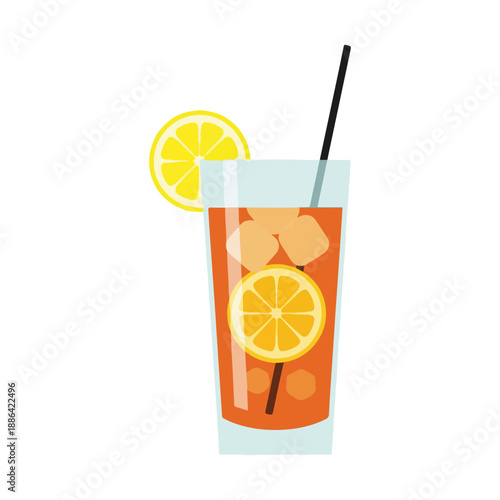 Refreshing iced tea drink with lemon slices and straw