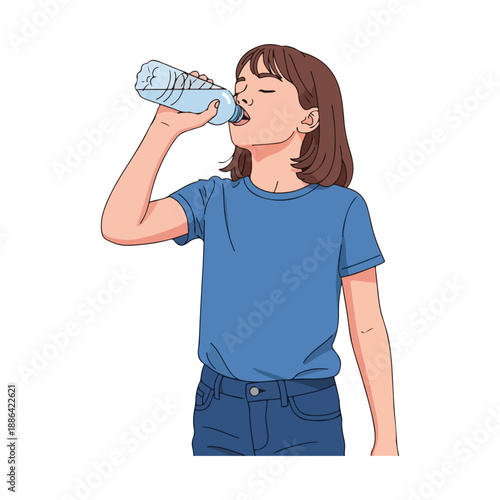 Young girl drinking bottled water staying hydrated