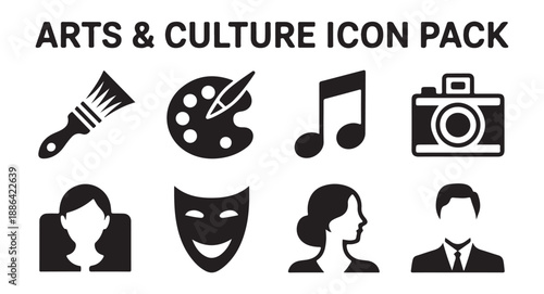 Arts culture icon pack set with brush palette music note camera theater masks person profile head silhouette